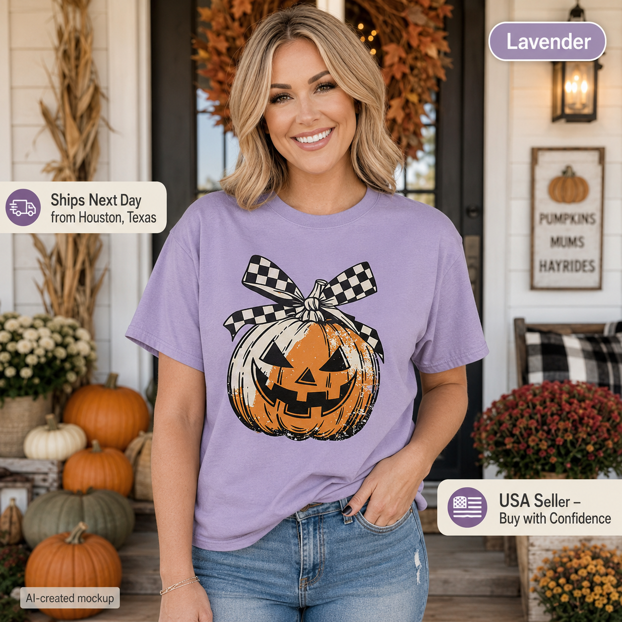 A woman stands in a decorated front porch setting wearing a lavender graphic T-shirt with a jack-o'-lantern print and a black-and-white checkered bow graphic. Promotional badges around the image mention 'Lavender,' 'Ships Next Day from Houston, Texas,' and 'USA Seller - Buy with Confidence.