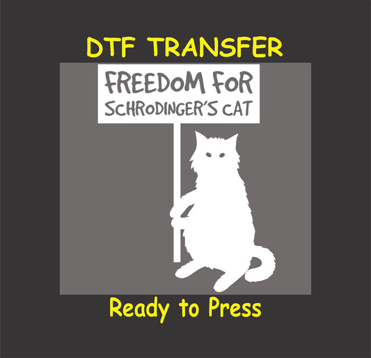 Cartoon cat holding sign that says "Freedom for Schrödinger's Cat".