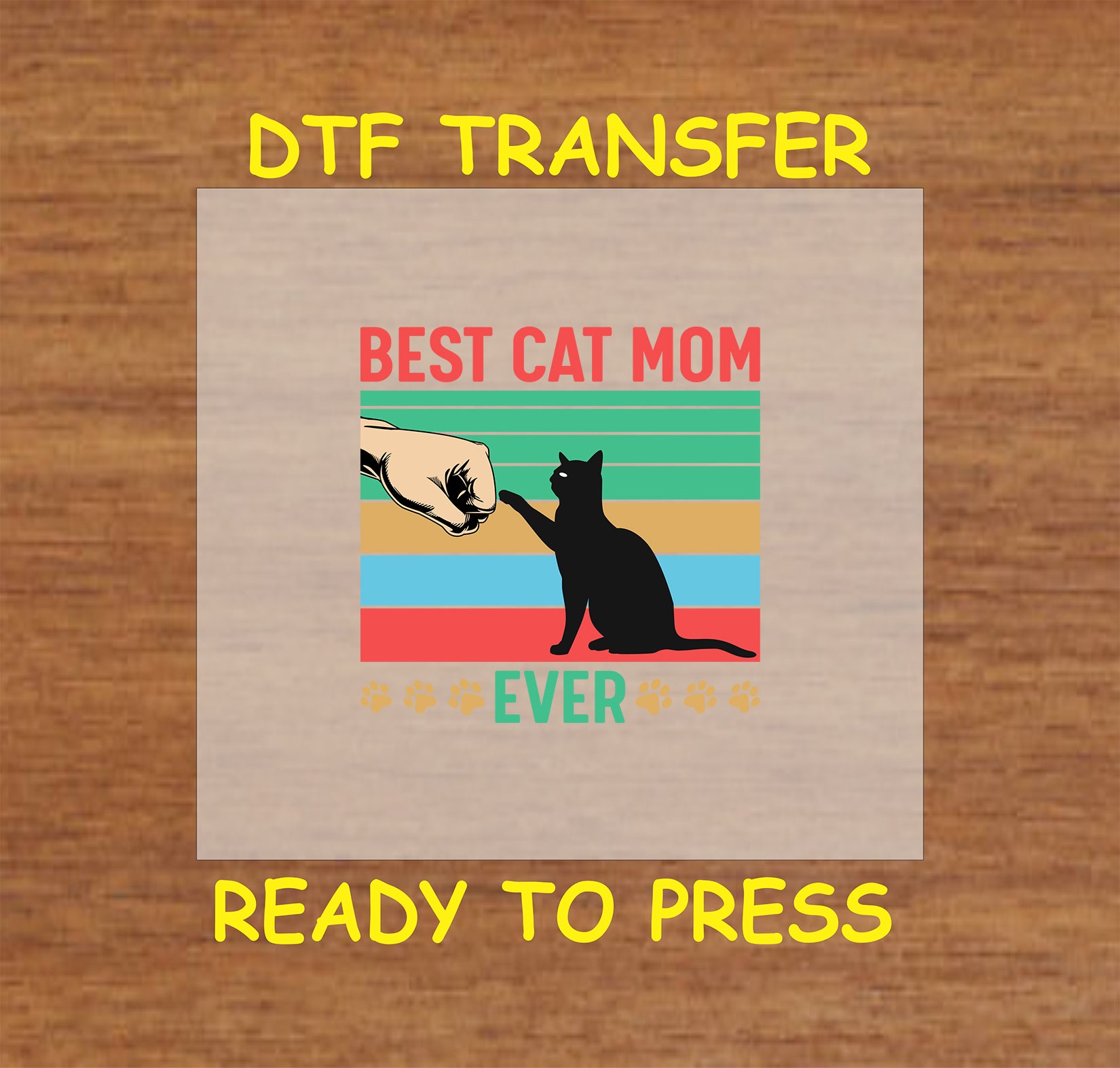 Fist bump between hand and cat with “Best Cat Mom Ever” text on rainbow background.