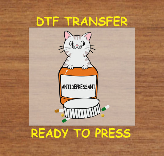 Cartoon cat inside antidepressant bottle with scattered pills.