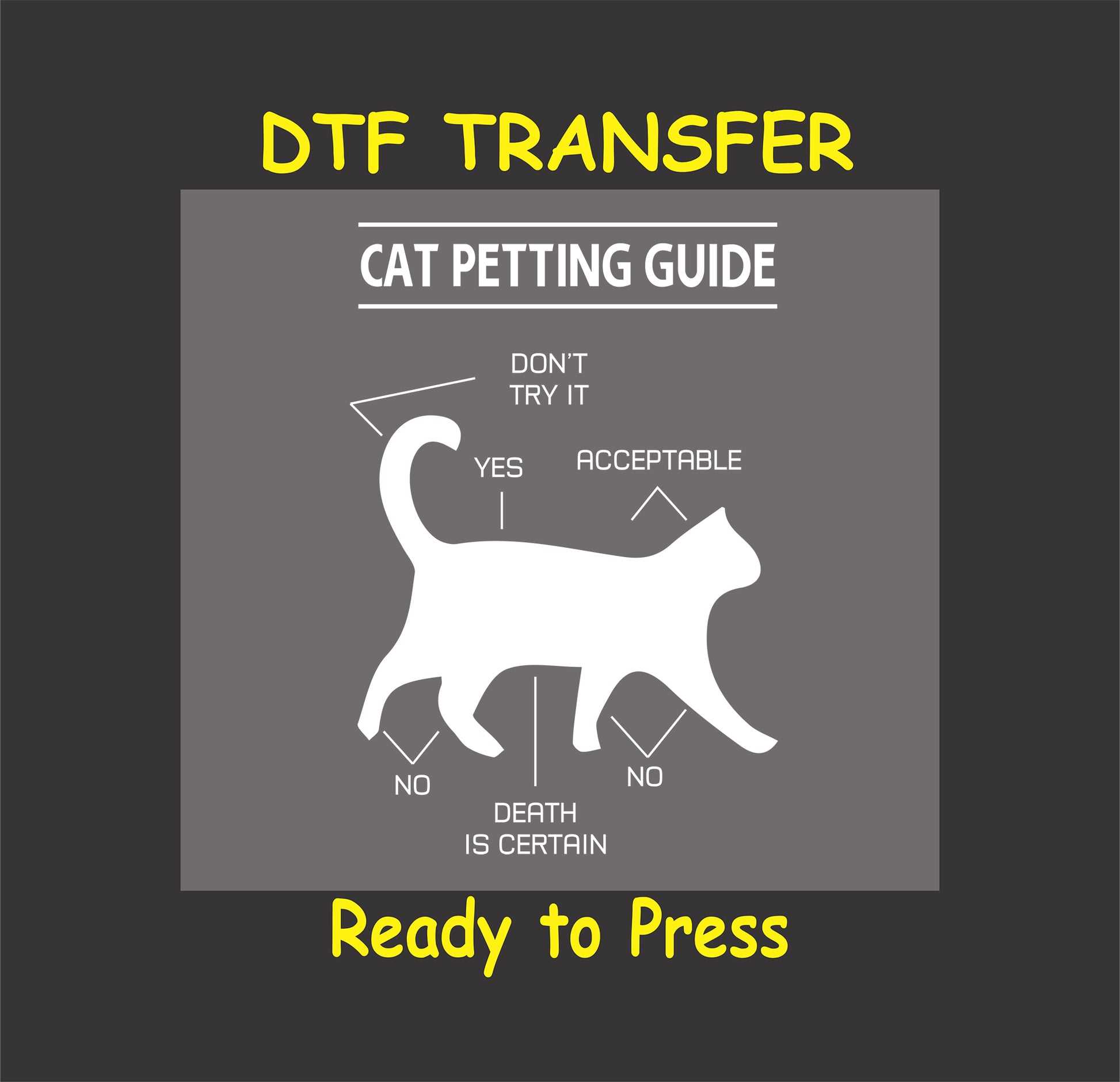 Funny cat petting guide diagram DTF transfer.
