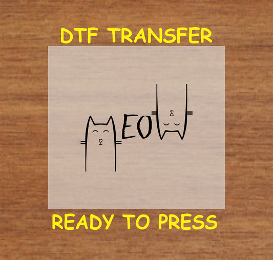 Minimalist Meow text with two vertical cats DTF transfer.