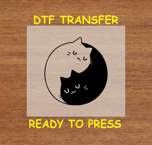 Yin yang cats DTF transfer with black and white minimalist design.