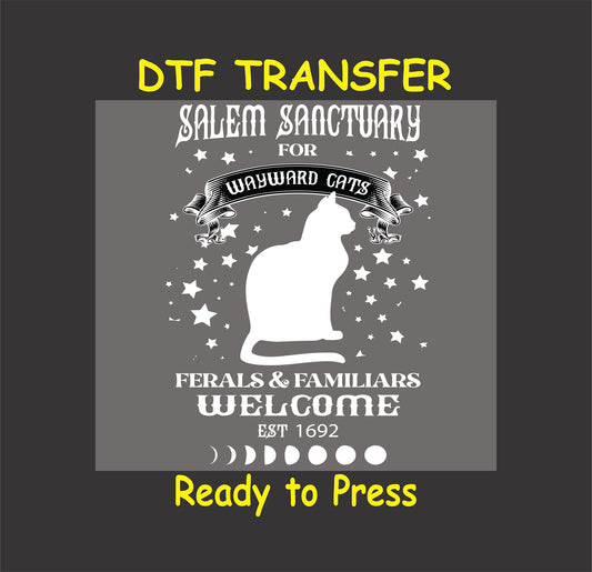 Gothic black cat DTF transfer with Salem Sanctuary text and moon phases.