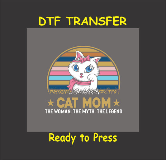 White cat with pink bow in front of retro sunset stripes with Cat Mom text.
