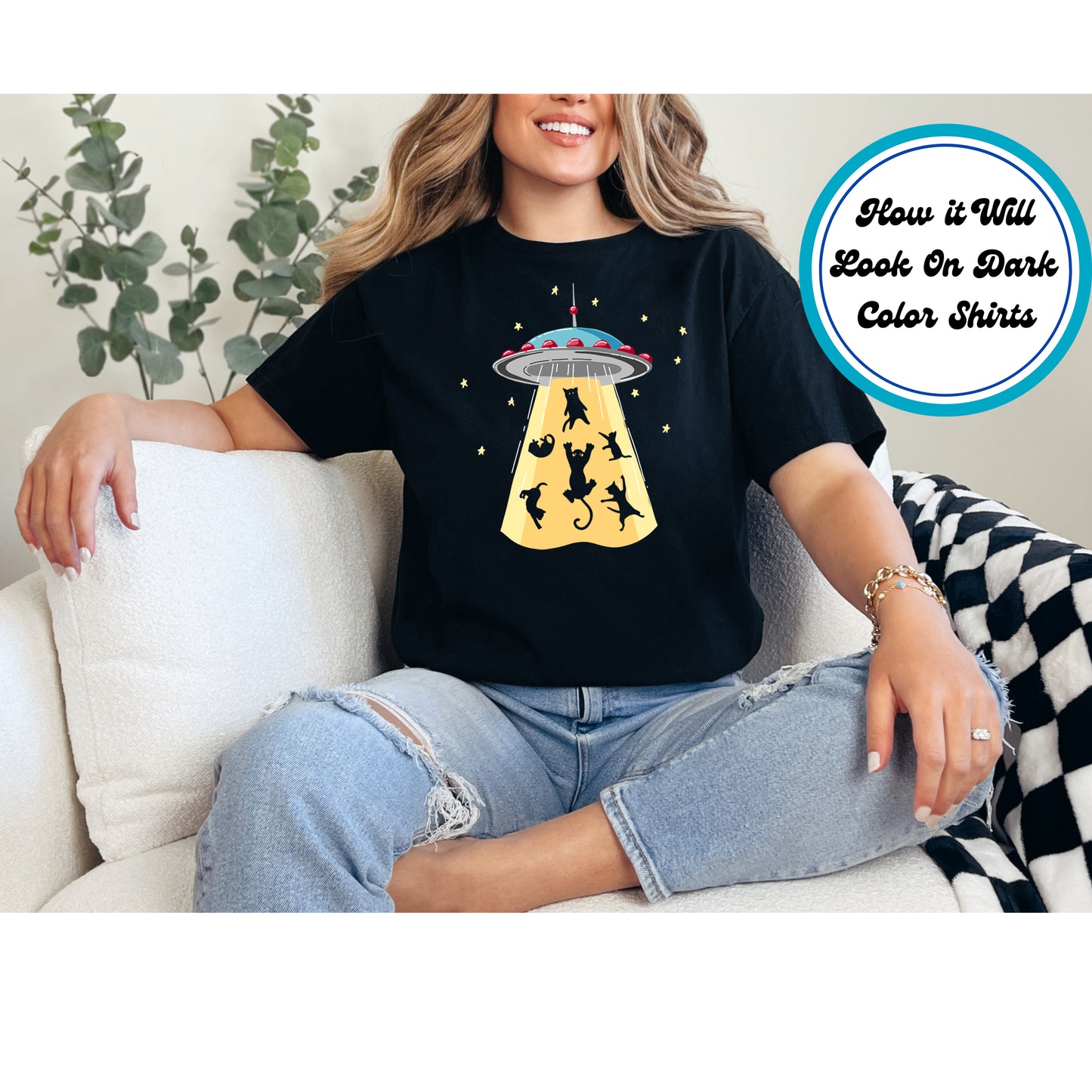 Cat DTF Transfer Iron On Heat Transfer - Ready to Press, UFO Abducting Cats DTF Transfer 6097