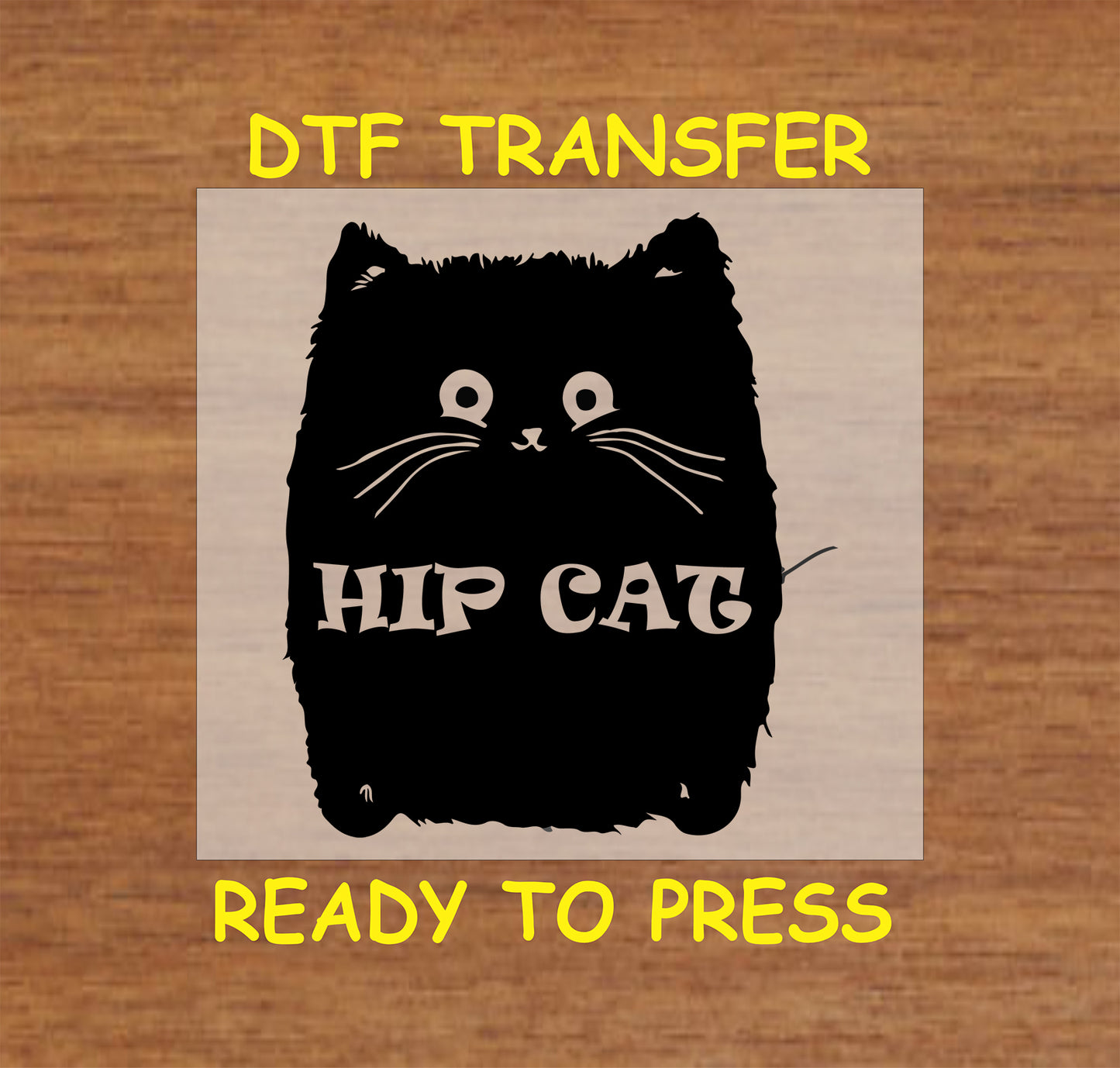 Black cat with bold text reading Hip Cat in retro-style font.