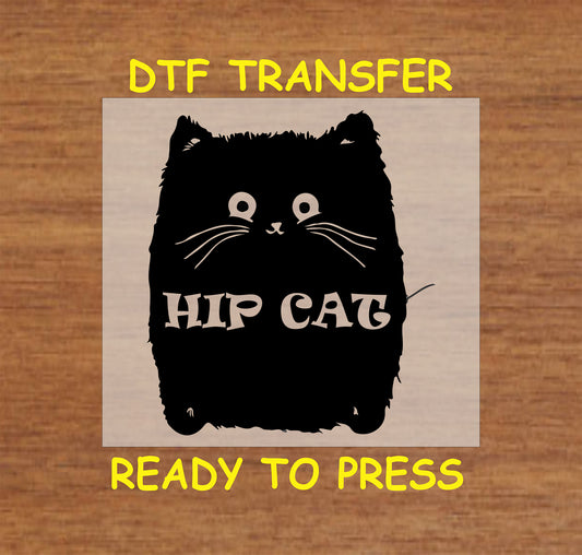 Black cat with bold text reading Hip Cat in retro-style font.
