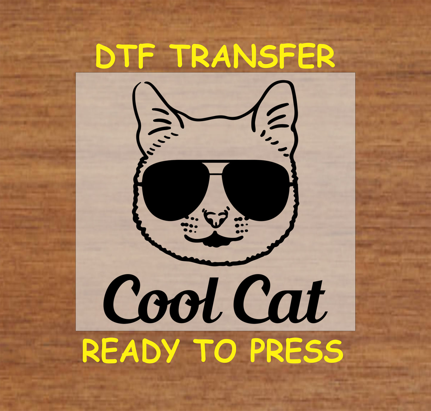 Black outline cat face wearing sunglasses with the text Cool Cat.