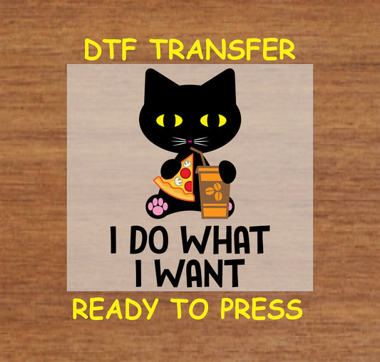 Black cat DTF transfer holding pizza and coffee with "I Do What I Want" text.
