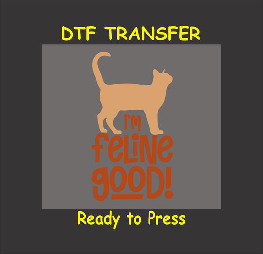 Orange cat silhouette with “I’m Feline Good!” text on a DTF transfer.