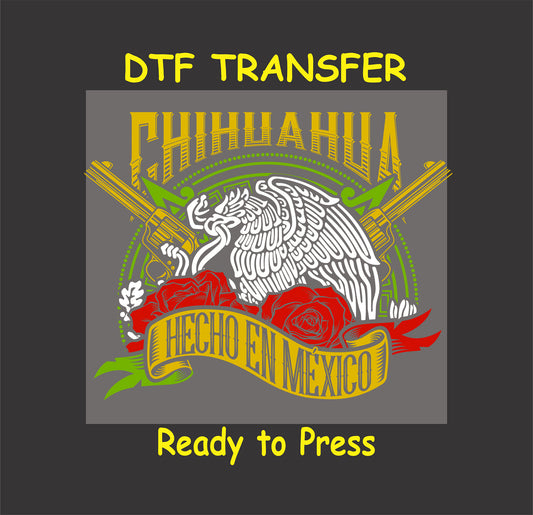 Chihuahua DTF transfer with Mexican eagle, rifles, red roses, and Hecho en México ribbon.