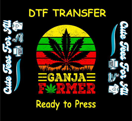 DTF transfer with rasta stripes, weed leaf, and Ganja Farmer text.
