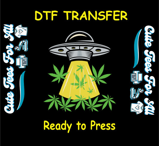 UFO abducting marijuana leaves with yellow beam on black background.