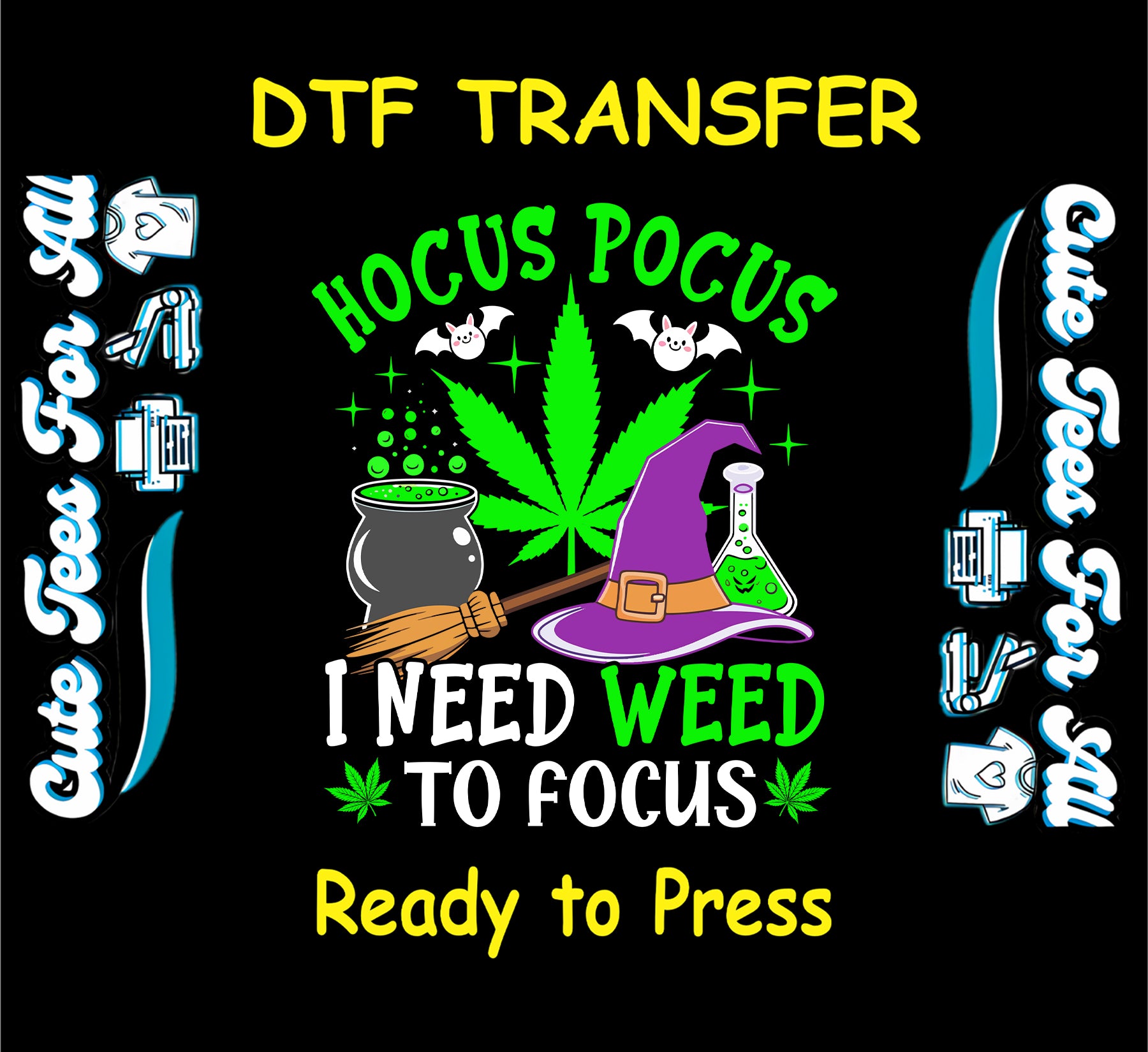 Halloween witch weed DTF transfer with cauldron, hat, and cannabis leaf.