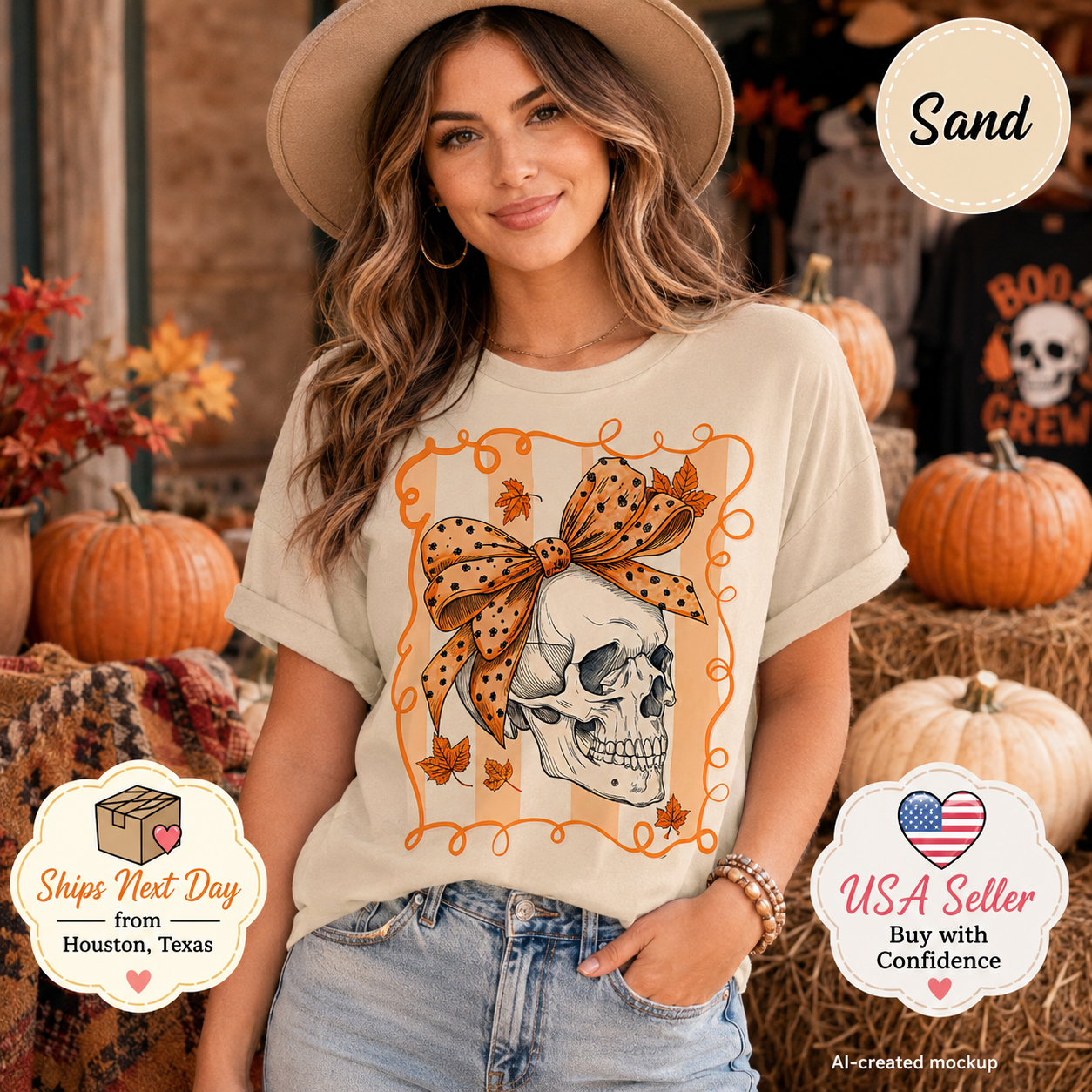 A woman wearing a cream-colored graphic t-shirt with a skull and orange bow design, styled with a tan hat and jeans in a fall-themed setting with pumpkins and hay. Text overlays indicate 'Sand' color, 'Ships Next Day' from Houston, Texas, and 'USA Seller Buy with Confidence'.