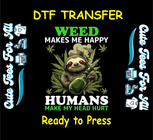 Sloth with bong and cannabis leaves with “Weed Makes Me Happy” quote for DTF transfer.
