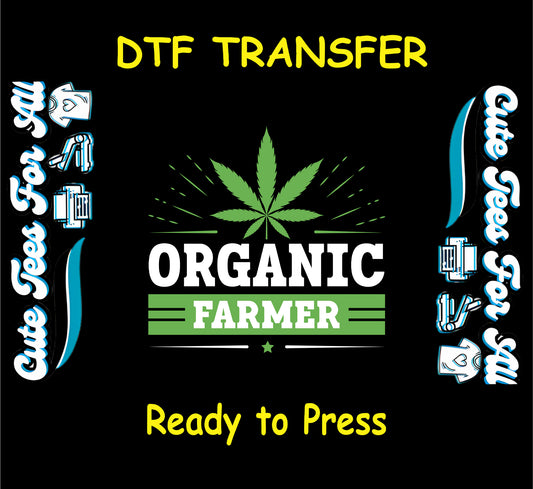 Cannabis leaf above the words “Organic Farmer” in green and white for DTF transfer.