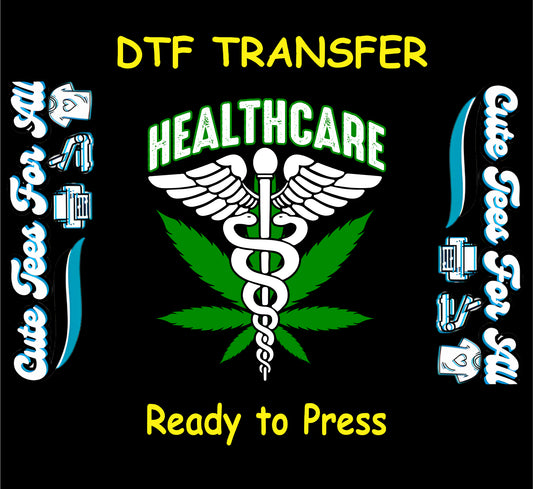 Caduceus medical symbol over cannabis leaf with “Healthcare” text for DTF transfer.