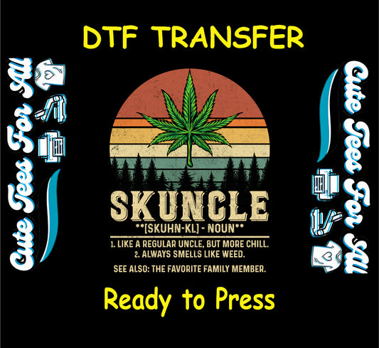 Retro sunset with cannabis leaf and Skuncle definition for DTF transfer