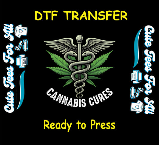 Caduceus medical symbol with cannabis leaves and “Cannabis Cures” text for DTF transfer.