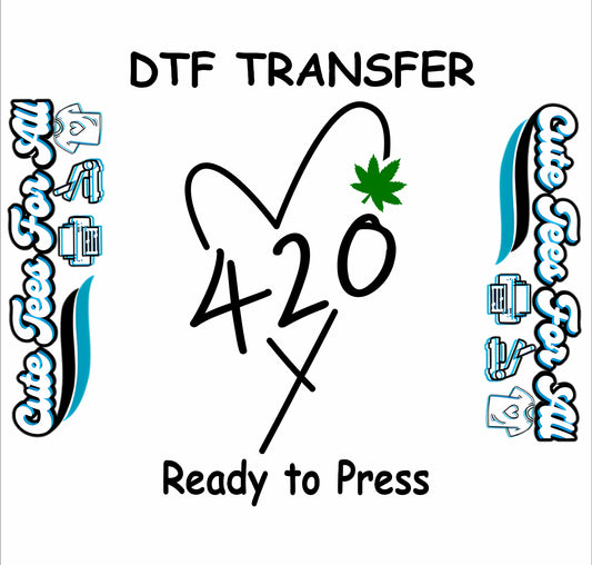 DTF transfer featuring a heart outline with 420 text and a green leaf.