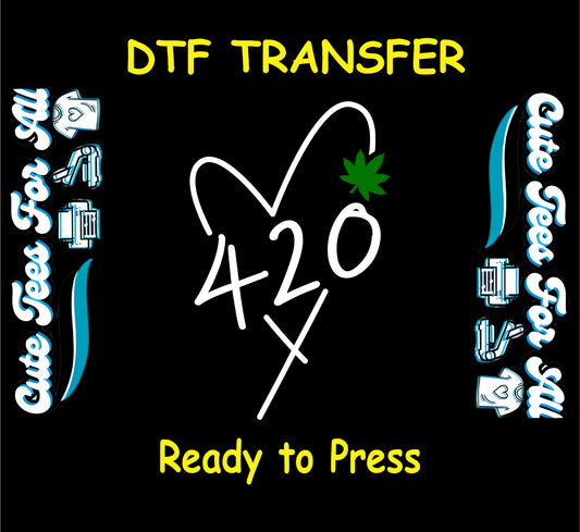 420 heart with green leaf DTF transfer on black background.