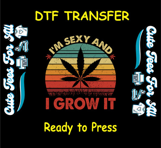 DTF transfer with cannabis leaf and quote “I’m Sexy and I Grow It” on retro sunset.