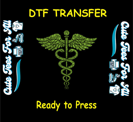 DTF transfer with cannabis leaf caduceus symbol on black background.