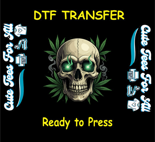Skull with glowing green eyes and cannabis leaves DTF transfer.