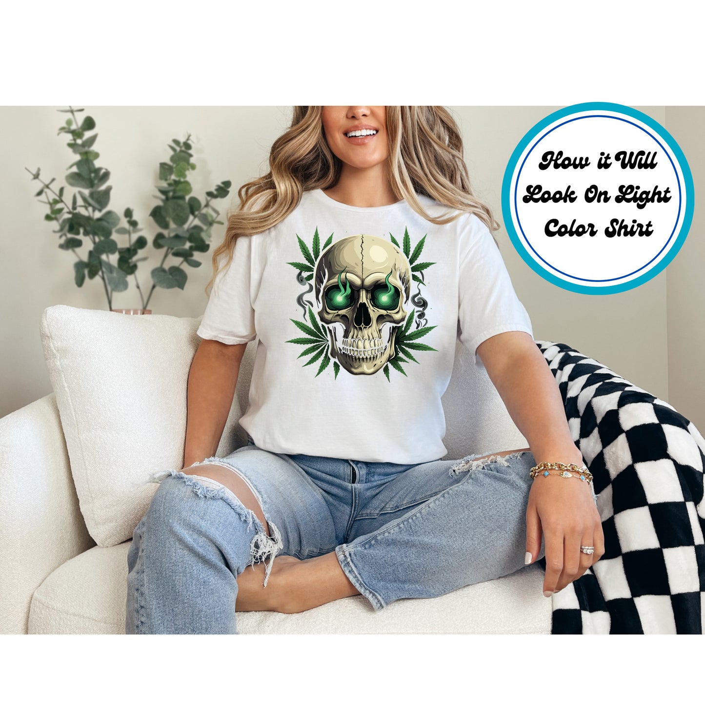Cannabis DTF Transfer Iron On Heat Transfer - Ready to Press, Smoking Skull DTF Transfer 6287