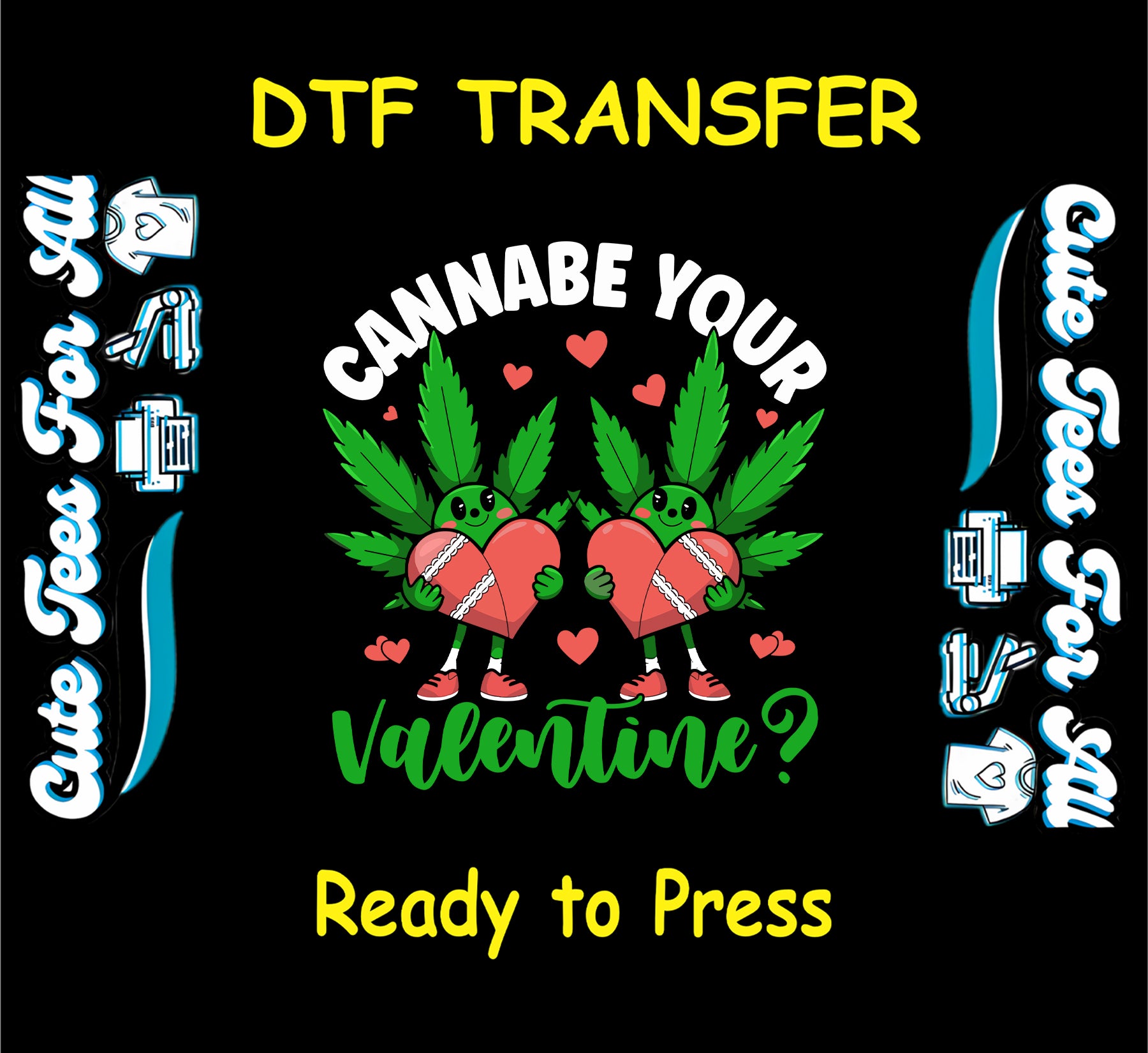 Two cartoon cannabis buds holding hearts with Cannabe Your Valentine text.