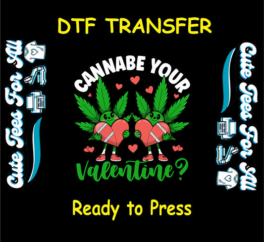 Two cartoon cannabis buds holding hearts with Cannabe Your Valentine text.