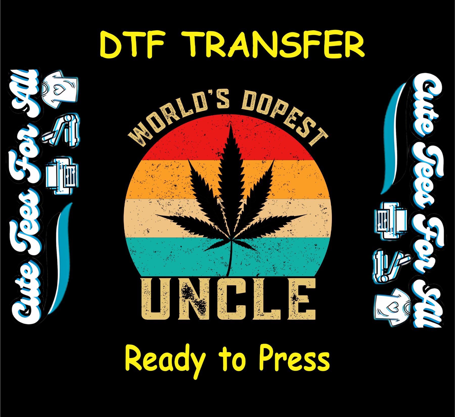 Retro sunset background with cannabis leaf and World's Dopest Uncle text.