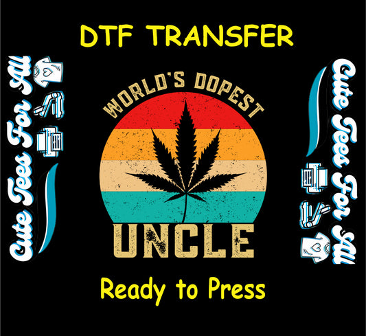 Retro sunset background with cannabis leaf and World's Dopest Uncle text.