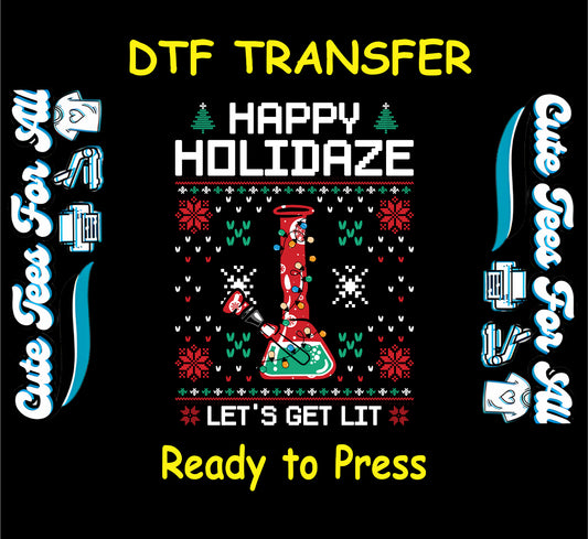Ugly Christmas sweater with decorated bong, Happy Holidaze text, and Let’s Get Lit.