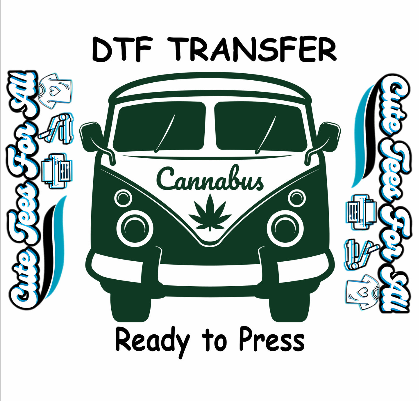 Green retro van with cannabis leaf and Cannabus text DTF transfer.
