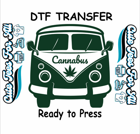 Green retro van with cannabis leaf and Cannabus text DTF transfer.