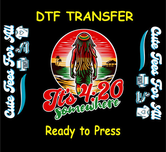 It’s 4:20 Somewhere DTF transfer with beach sunset and reggae figure