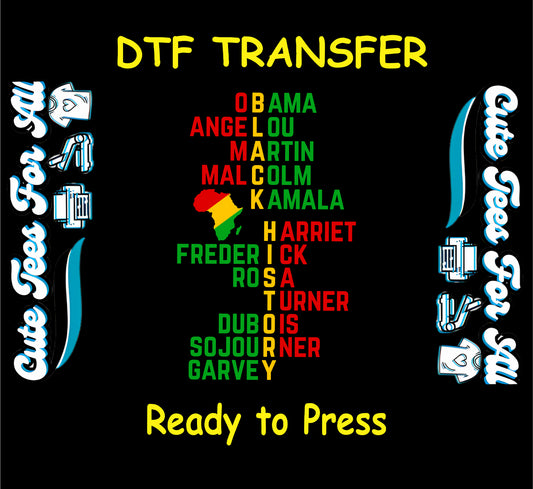 Black History DTF transfer with names of leaders spelling out BLACK HISTORY in African flag colors.