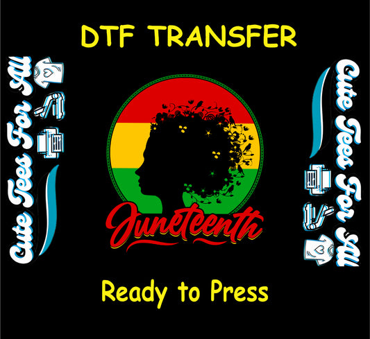Juneteenth DTF transfer with afro silhouette in red, yellow, and green circle.