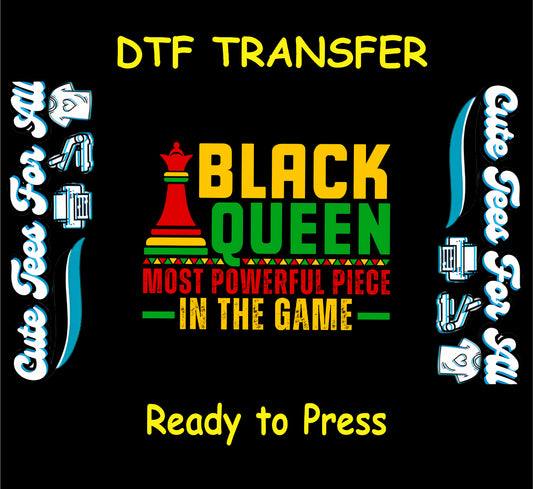 Black Queen chess piece with red, yellow, and green text reading “Most Powerful Piece in the Game”