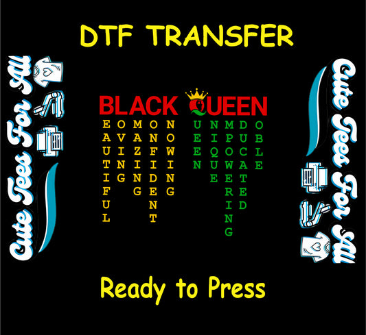 Black Queen word search DTF transfer with positive words in red, yellow, and green.