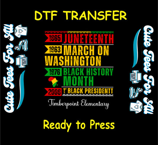 Black History DTF transfer with timeline from 1865 to 2008 in bold colors.