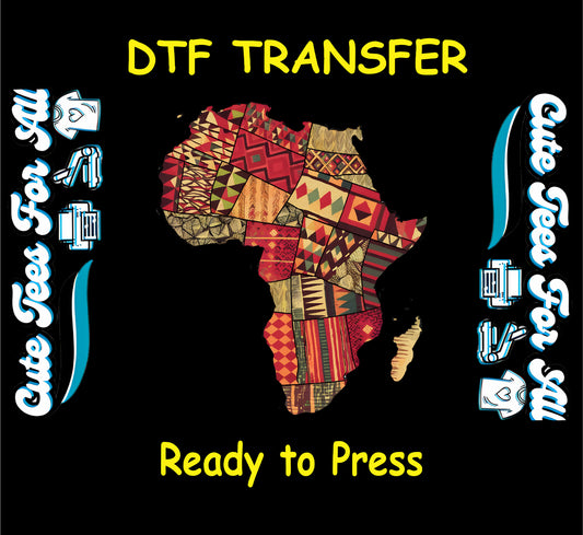 DTF transfer of Africa map filled with patchwork of traditional red, gold, and green patterns.