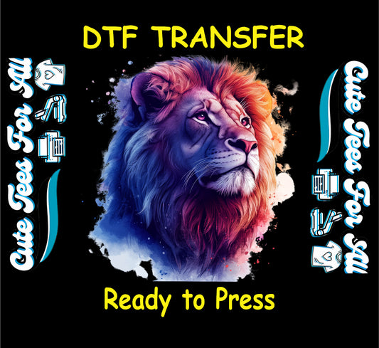 DTF transfer of a majestic lion head in bold red, purple, and blue hues with a painted effect.