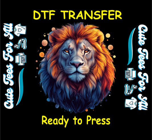 DTF transfer of a bold lion head with orange and blue mane on black background.