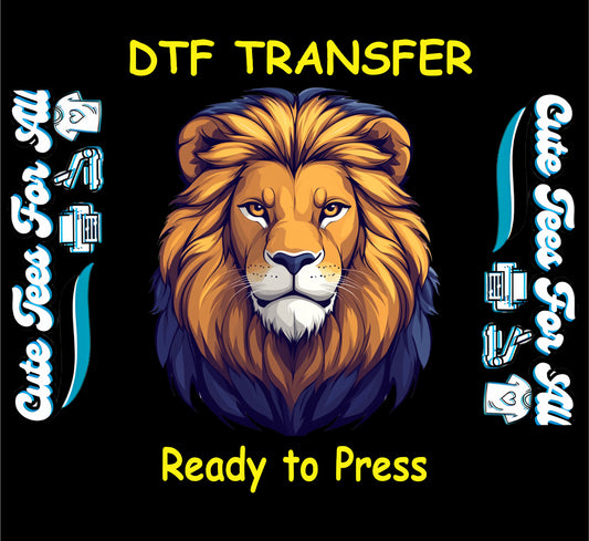 DTF transfer of lion head with golden mane and strong gaze on black background

