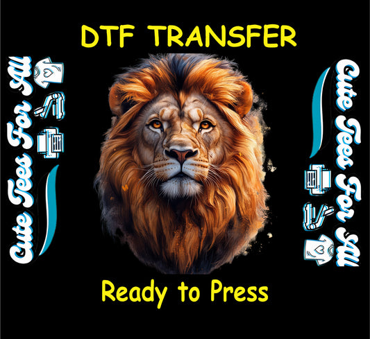 DTF transfer of a realistic lion head with golden brown mane on black background.