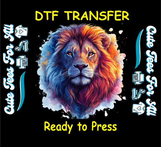DTF transfer of a lion head with colorful mane and paint-splatter background